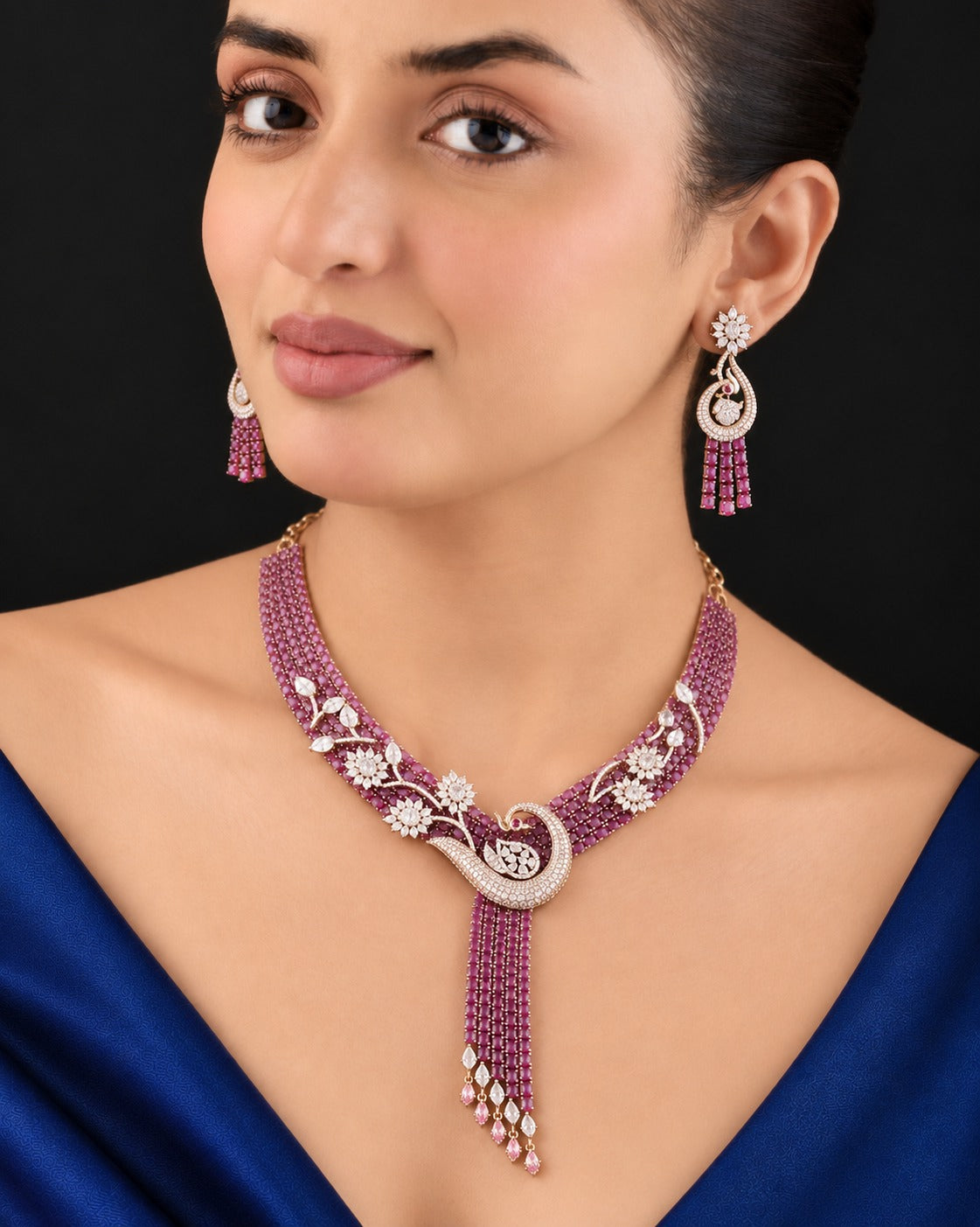 Mayurika Peacock Cascade Diamond-Look Necklace Set