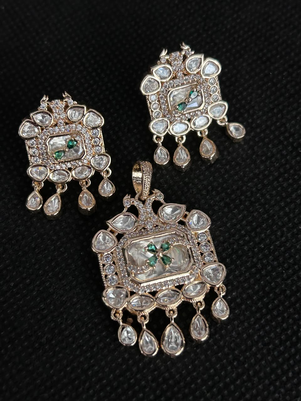 Morvika Peacock Polki Drop Pendant Set