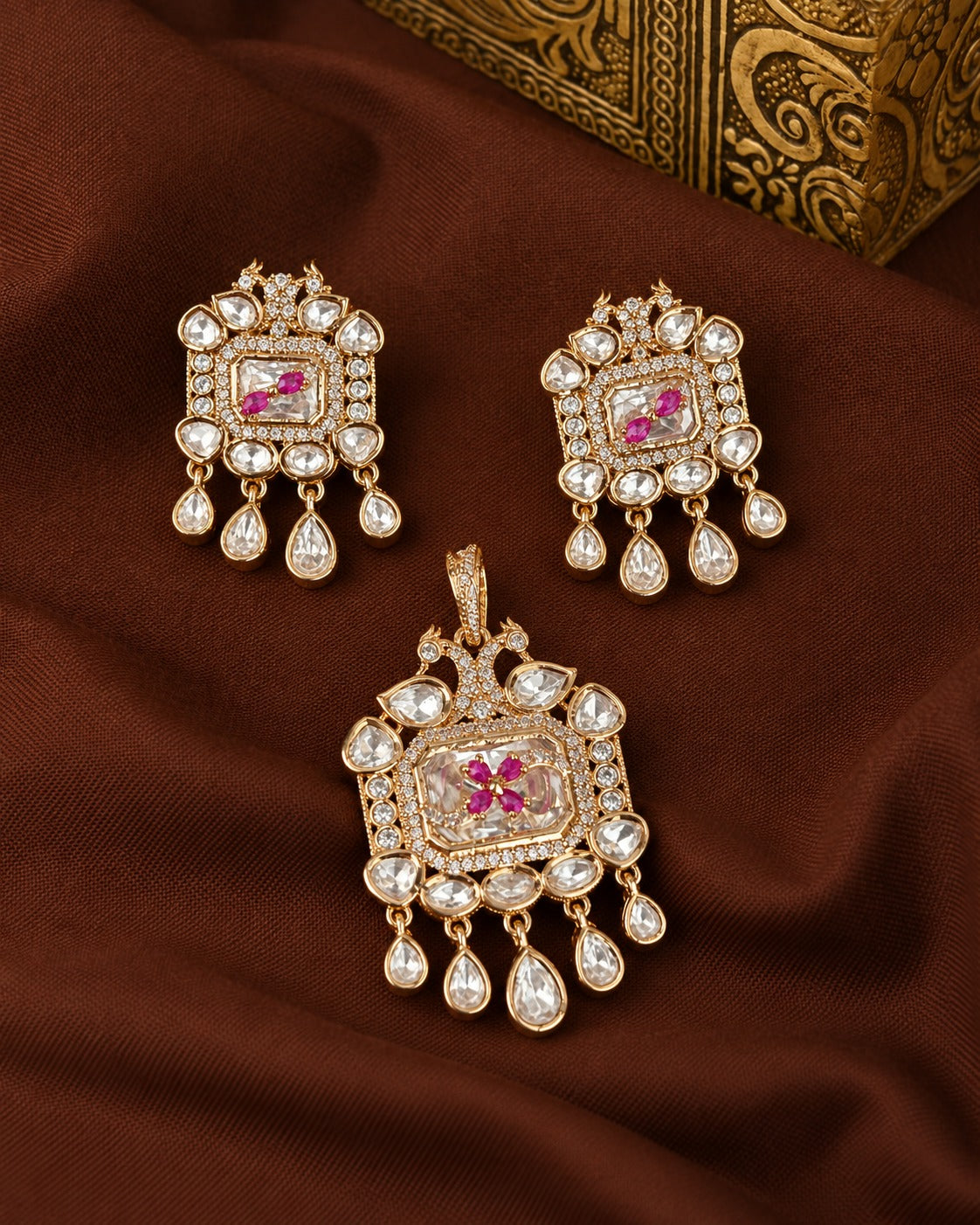 Morvika Peacock Polki Drop Pendant Set