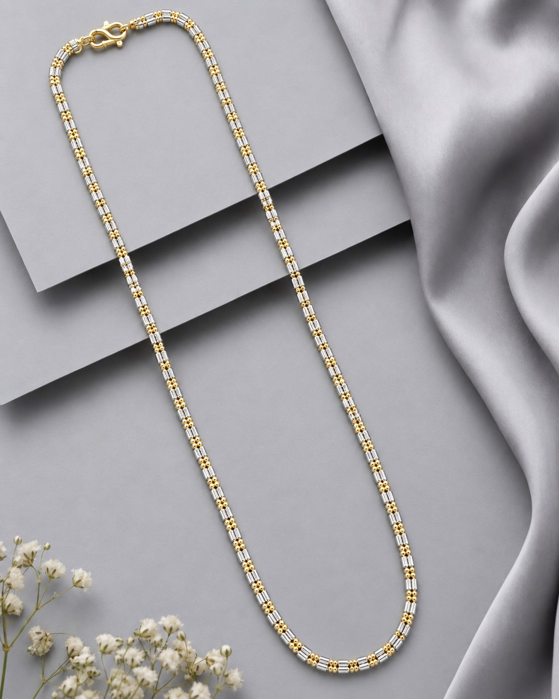 Elvaya Dual-Tone Silver Tube & Gold Bead Long Chain