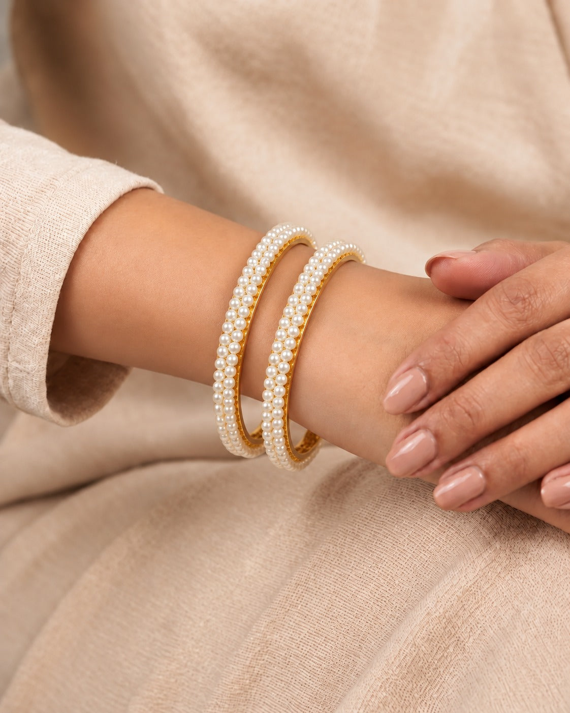 Elara Pearl Line Gold-Finish Bangles – Set of 2