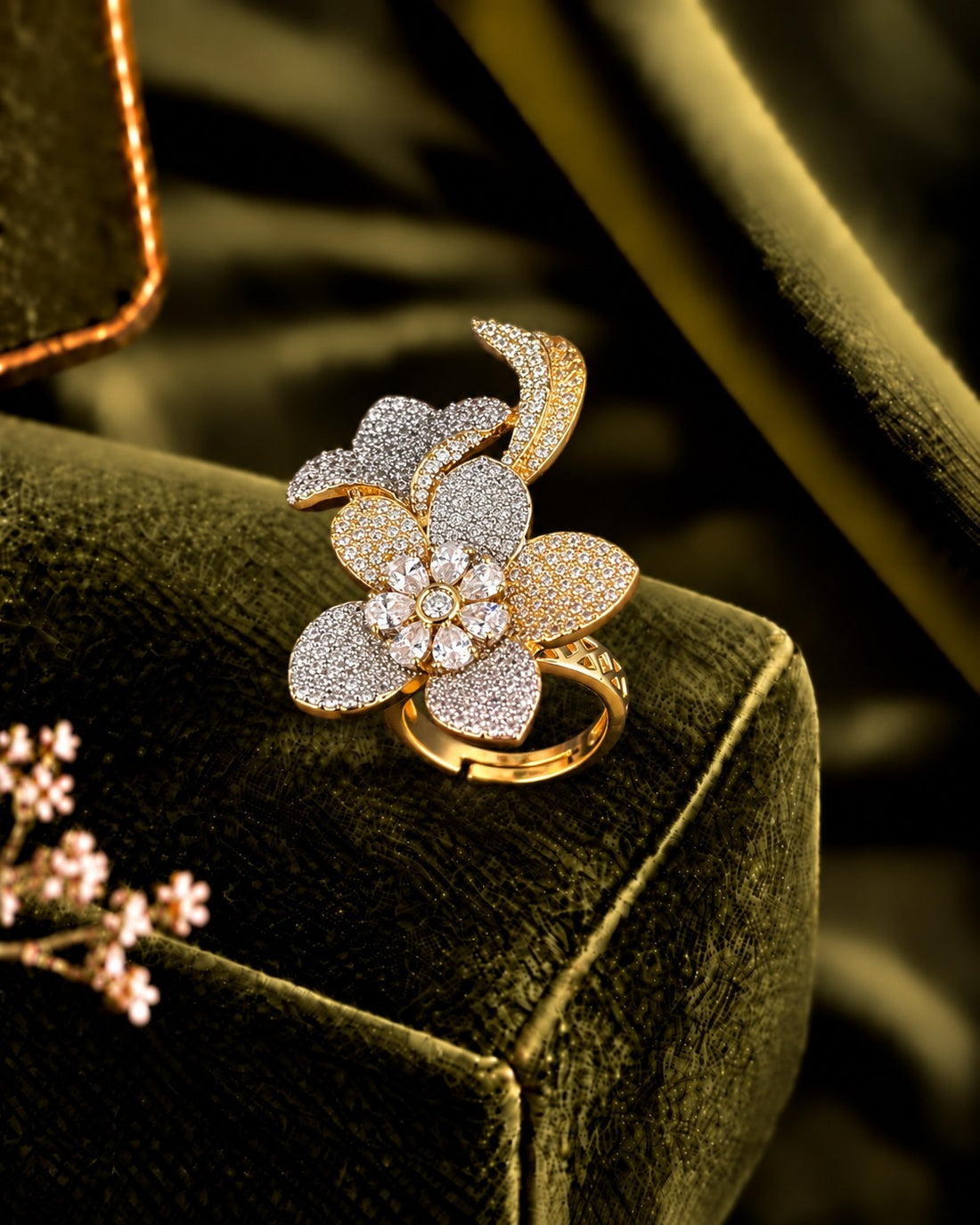 Floral Elegance  Diamond Look Adjustable Ring