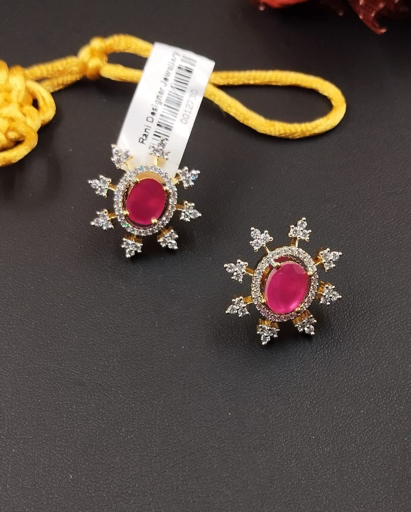 Diamond Style Sunburst Stud Earrings Ruby White Gold Finish