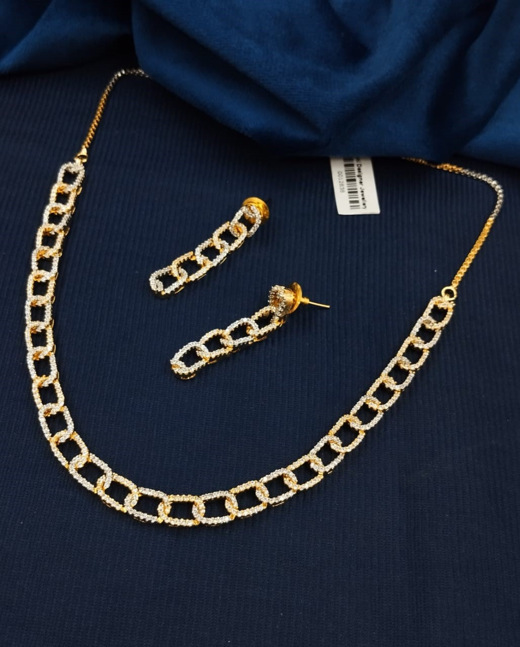 Gold Finish Linked Diamond Look Necklace Set with Drop Earrings