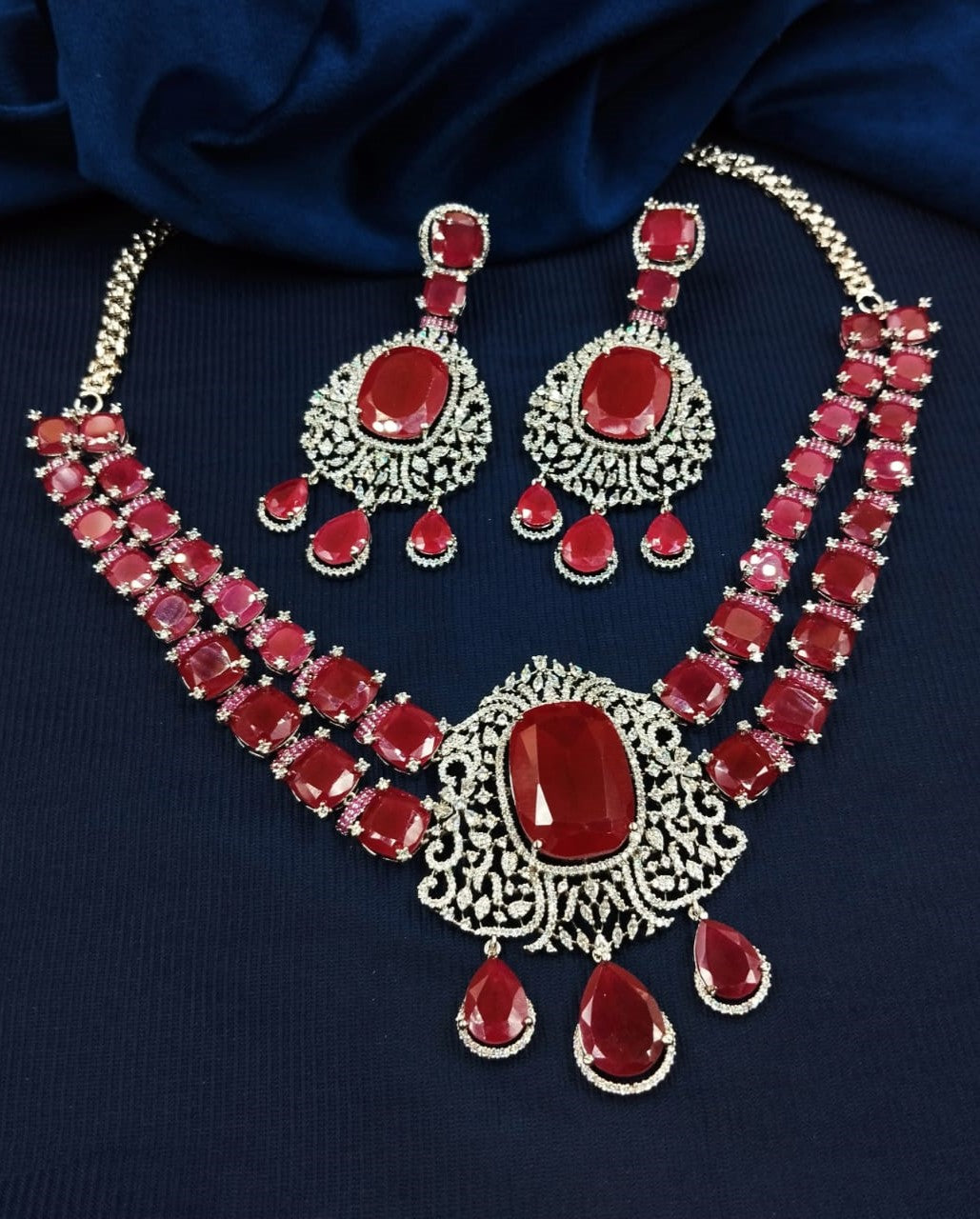 Ruby Red Stone Diamond Necklace Set with Matching Earrings – Silver Finish