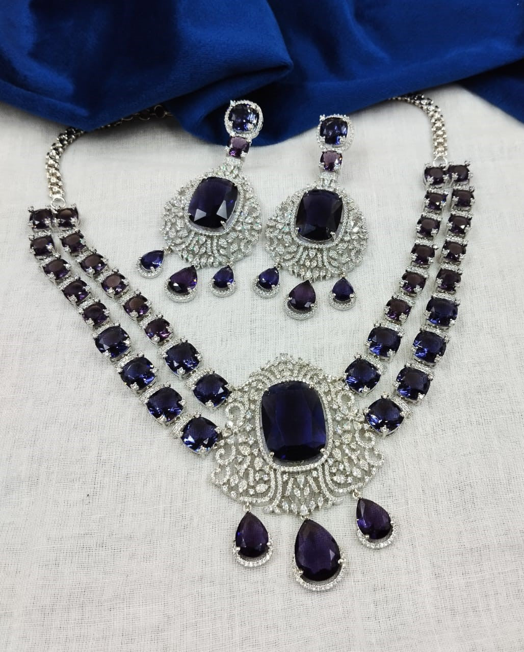 Purple Stone Diamond Necklace Set with Matching Earrings – Silver Finish