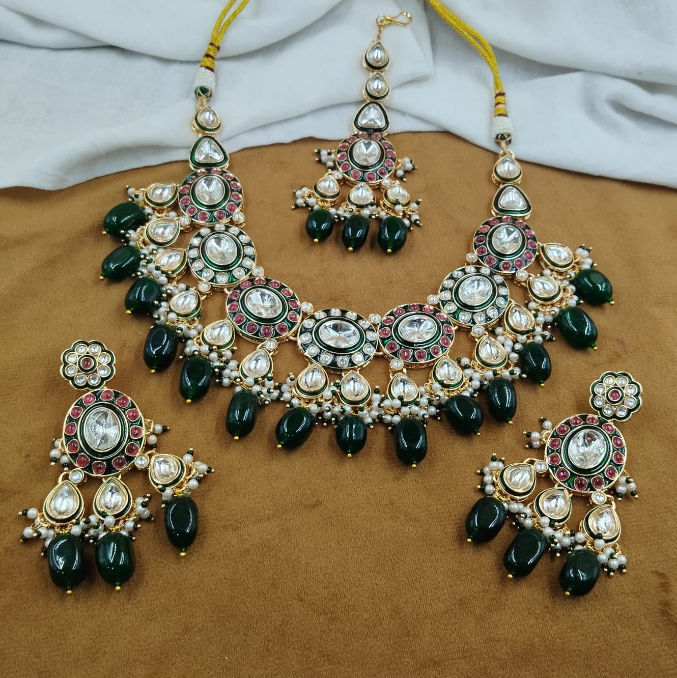 Green Ruby Kundan Pearl Necklace Set with Earrings & Maang Tikka