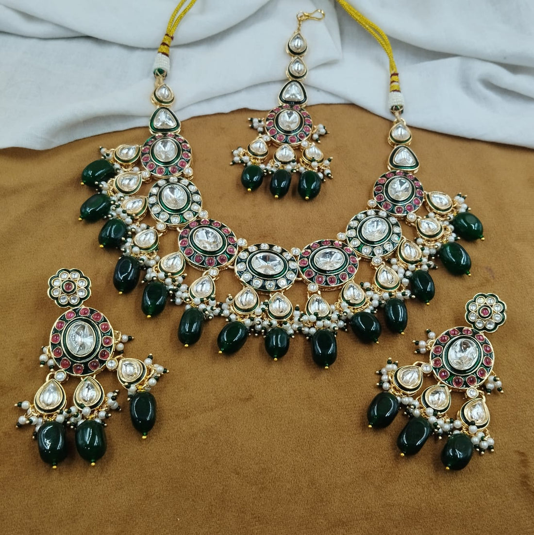 Green Ruby Kundan Pearl Necklace Set with Earrings & Maang Tikka