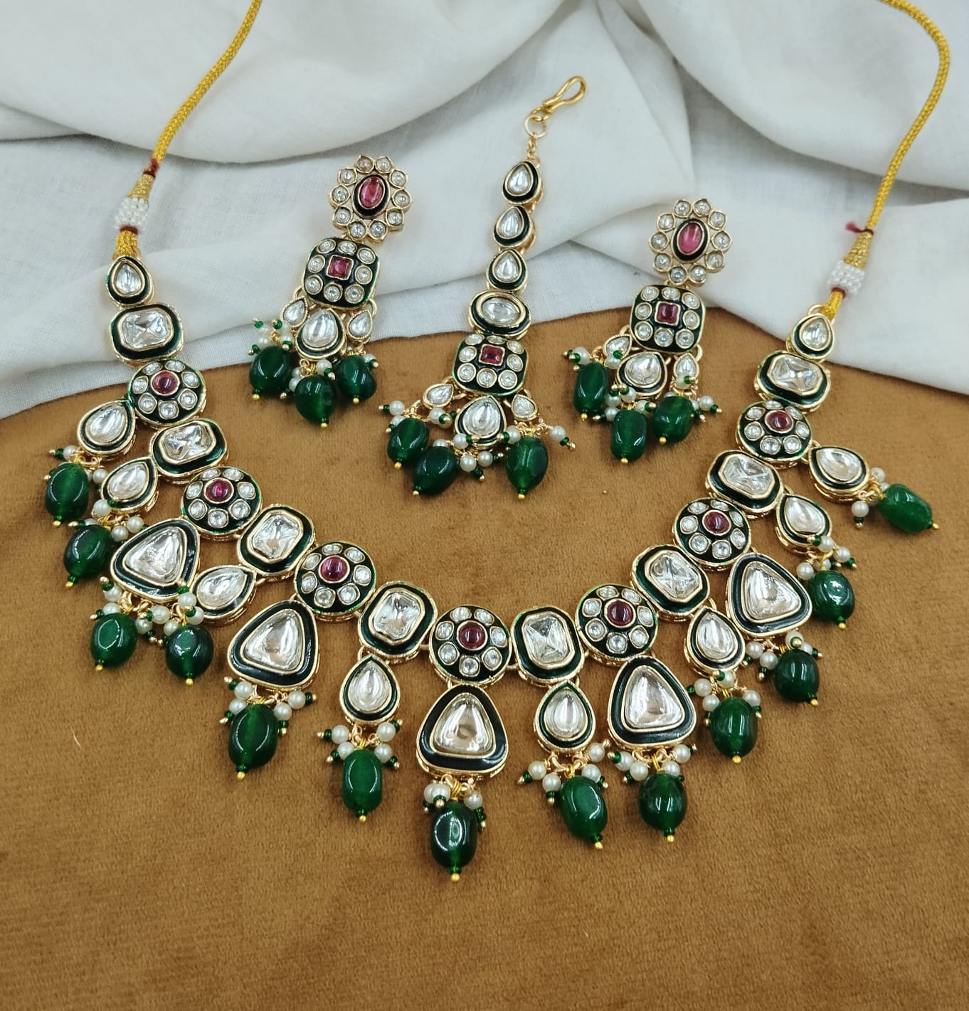Polki Kundan Necklace Set with Green Bead Drops, Ruby Accents & Matching Earrings – Traditional Design