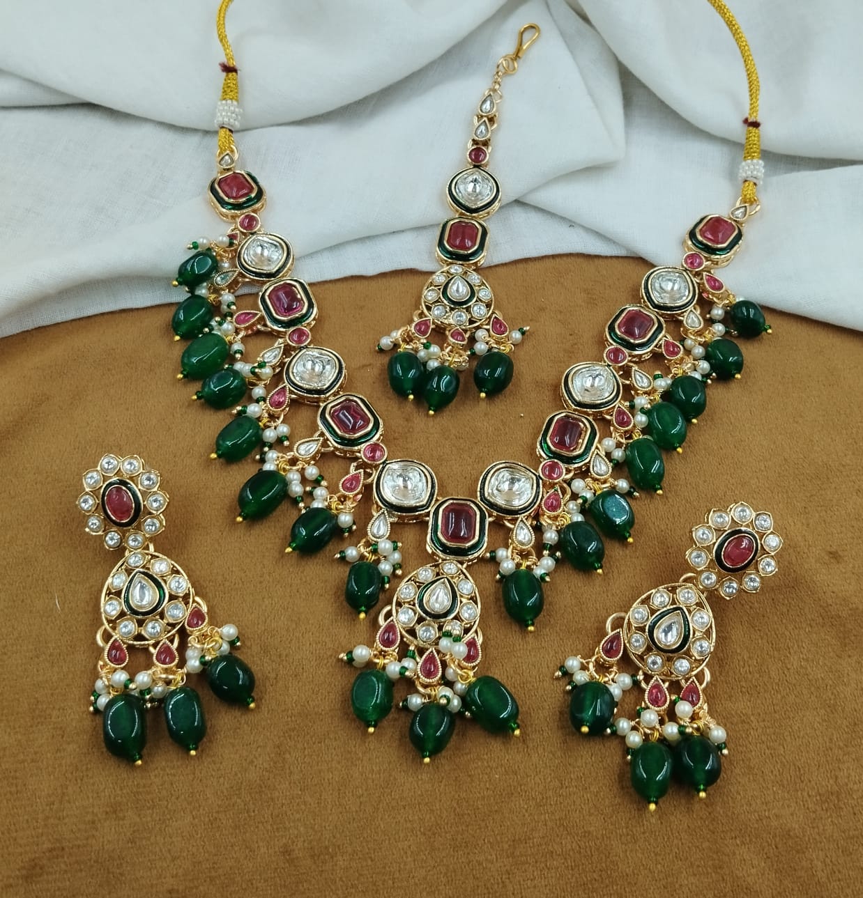 Polki Kundan Necklace Set with Ruby-Tone Stones & Green Bead Drops – Traditional Design