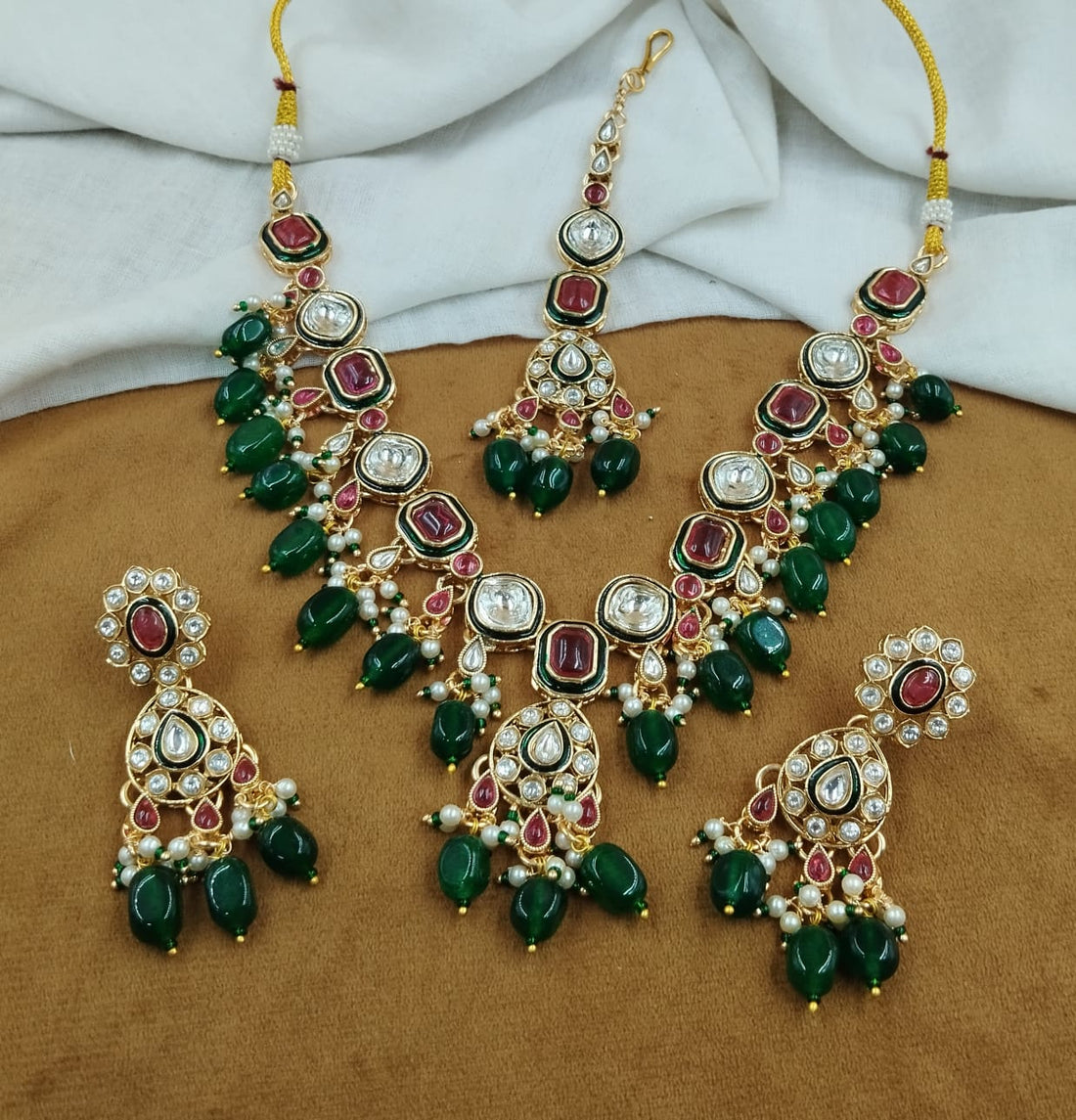 Polki Kundan Necklace Set with Ruby-Tone Stones & Green Bead Drops – Traditional Design