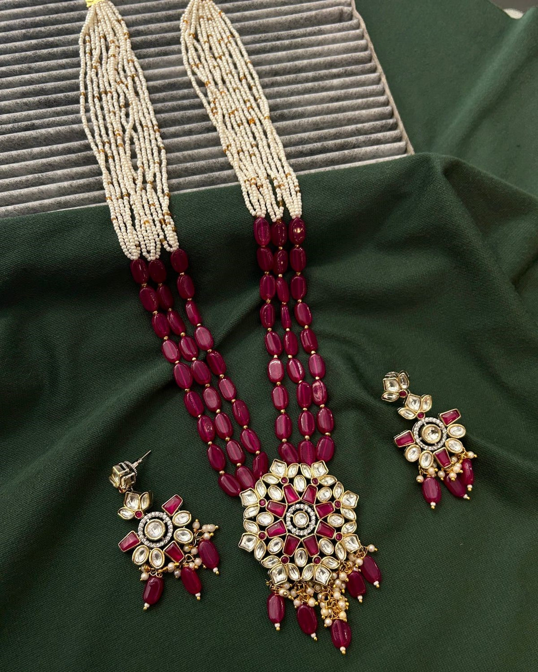 Ruby Kundan Pearl Multi Layer Necklace Set with Matching Earrings