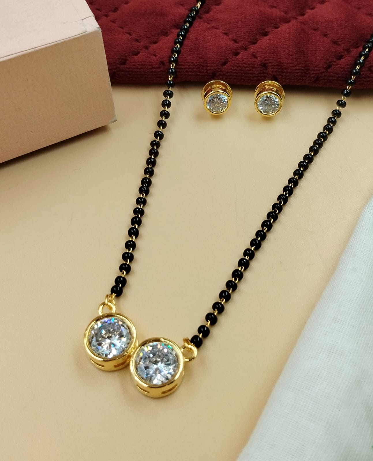 Double Round Solitaire Style Mangalsutra with Black Bead Chain & Stud Earrings