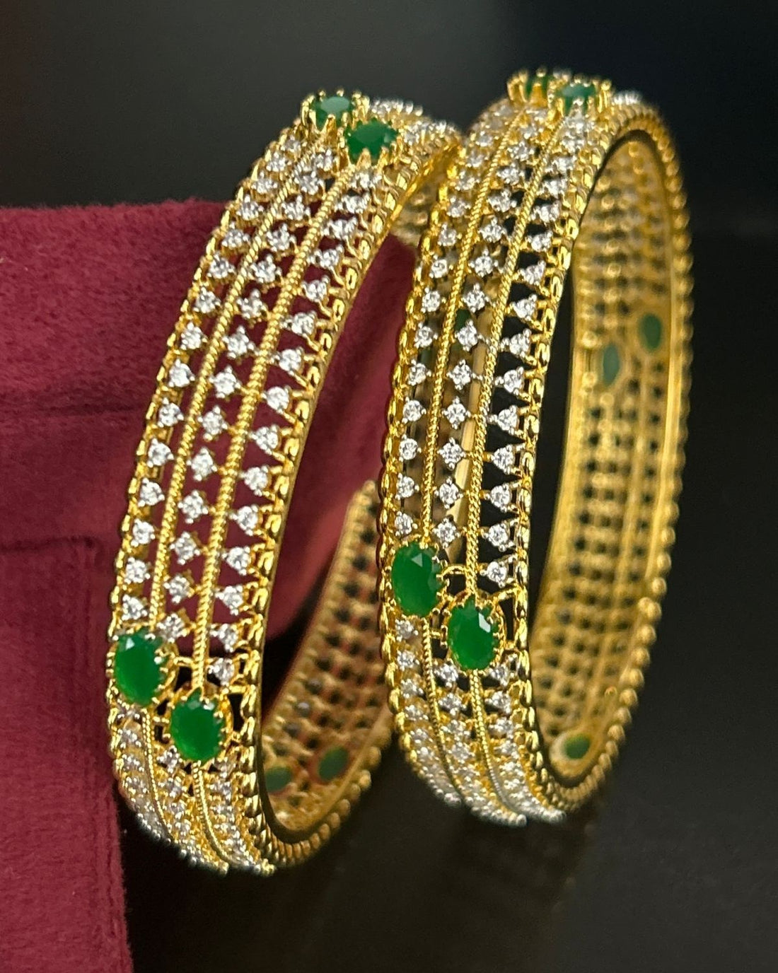 Gold AD Stone Bangles Set with Red & Green Variants | 2.4, 2.6, 2.8 Sizes