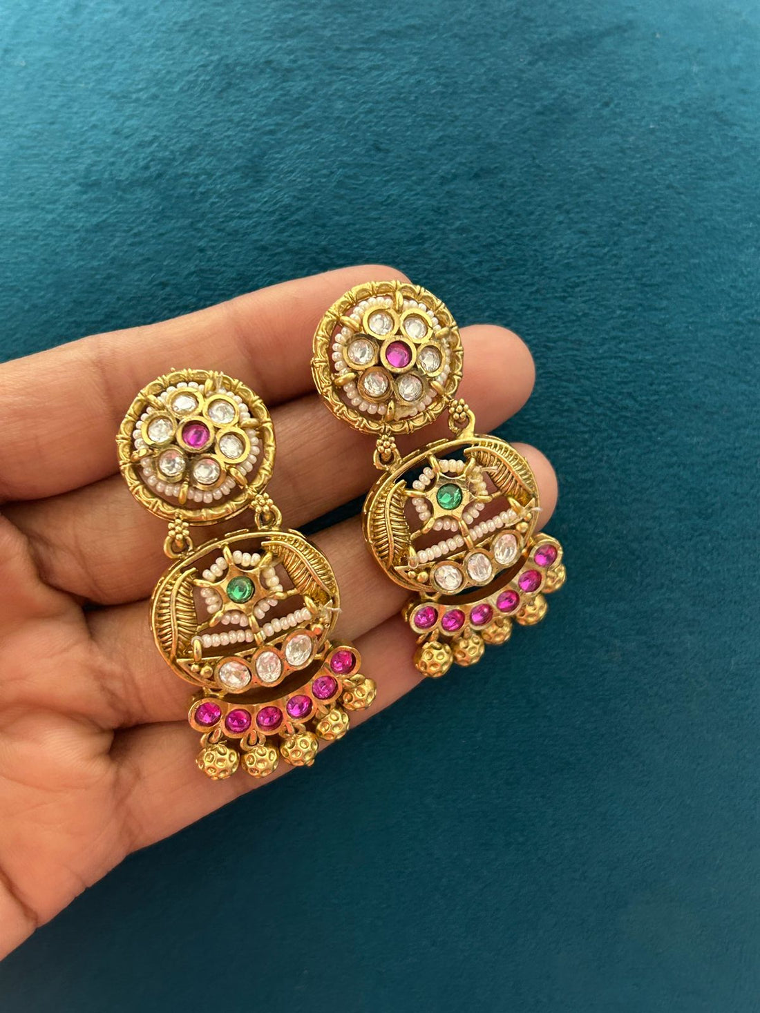 Antique Gold Kundan Pearl Strand Necklace Set with Pink & Green Stones
