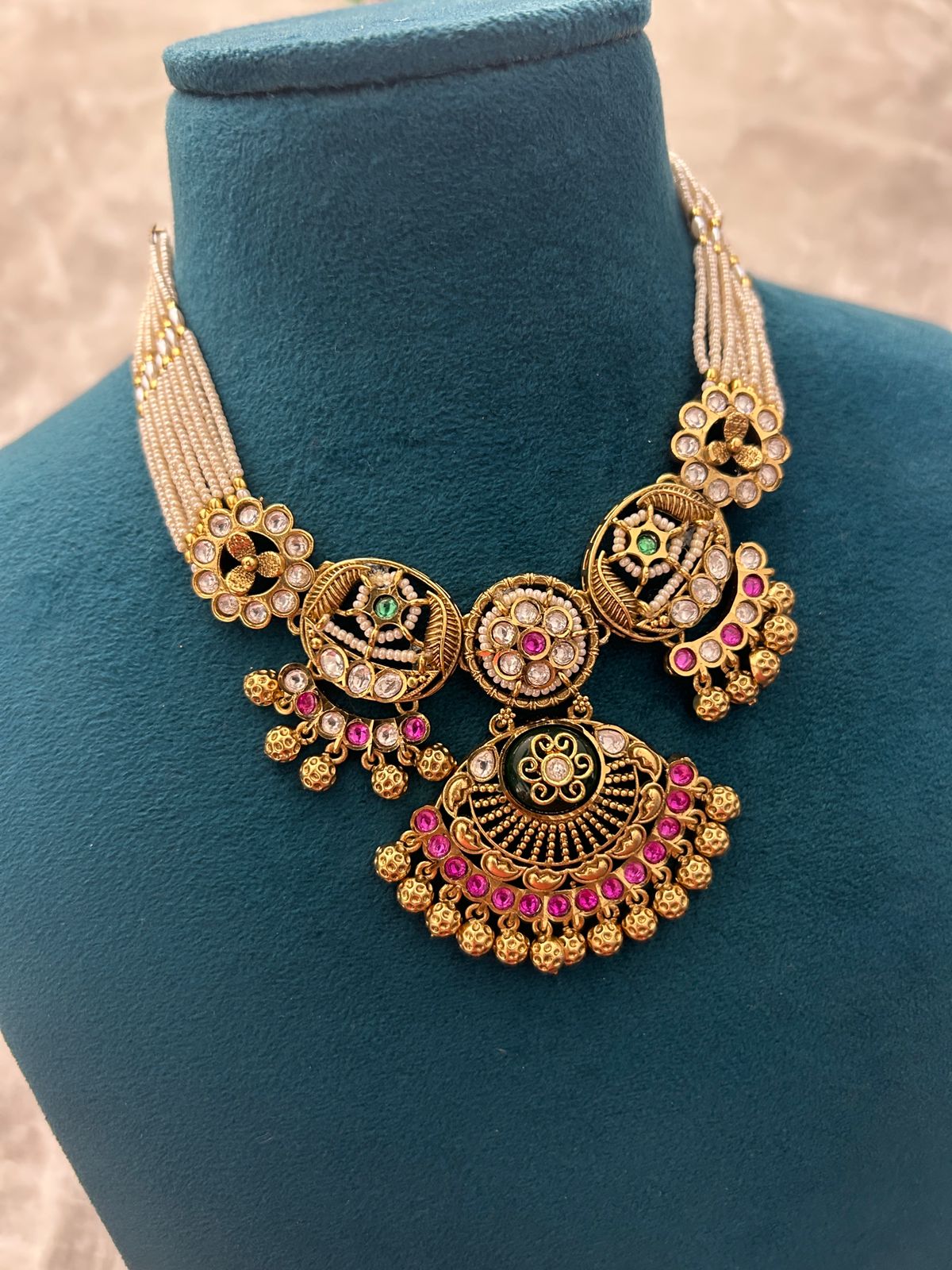Antique Gold Kundan Pearl Strand Necklace Set with Pink & Green Stones