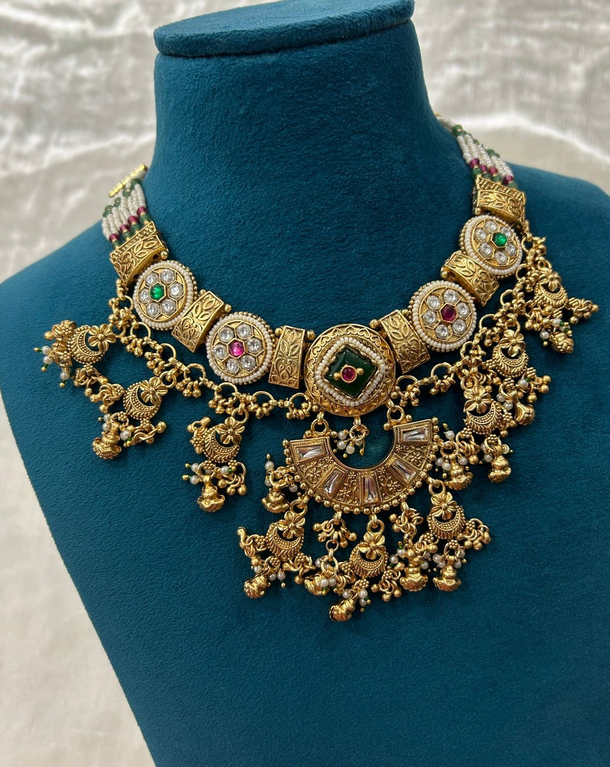 Antique Gold Kundan Pearl Necklace Set with Green Enamel & Jhumka Earrings