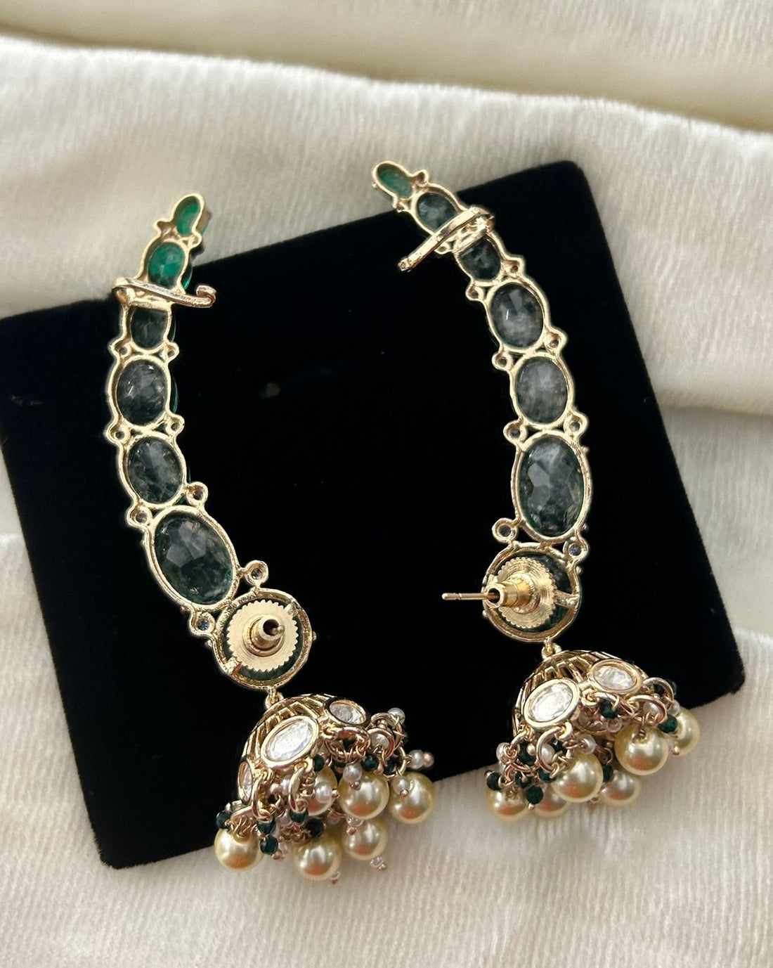 Premium Kundan Ear Cuff Jhumka Earrings Green Red Gold Finish