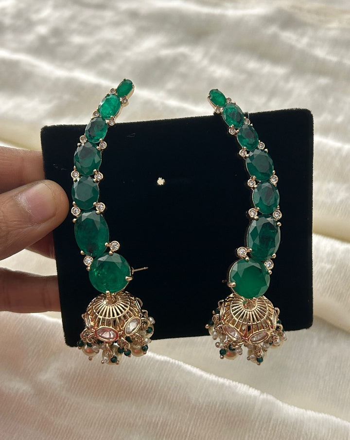 Premium Kundan Ear Cuff Jhumka Earrings Green Red Gold Finish