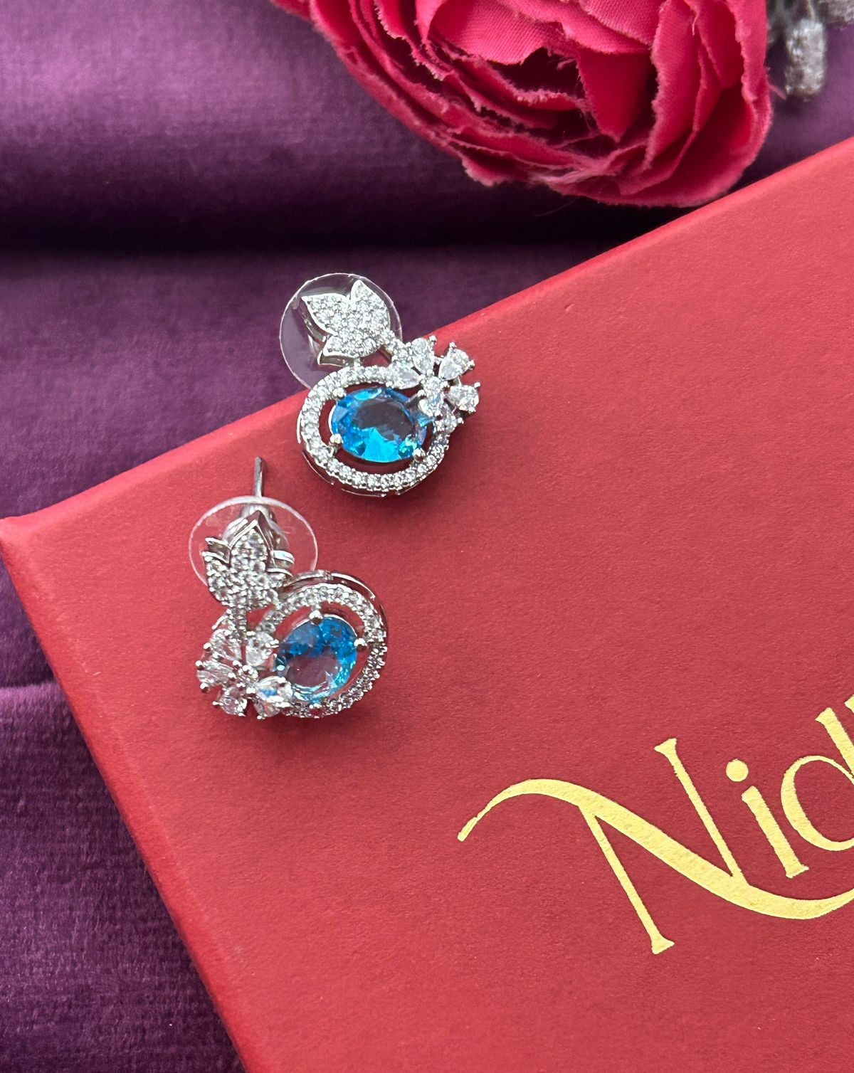 Butterfly Floral CZ Designer Stud Earrings – Silver Finish | 10 Colour Variants