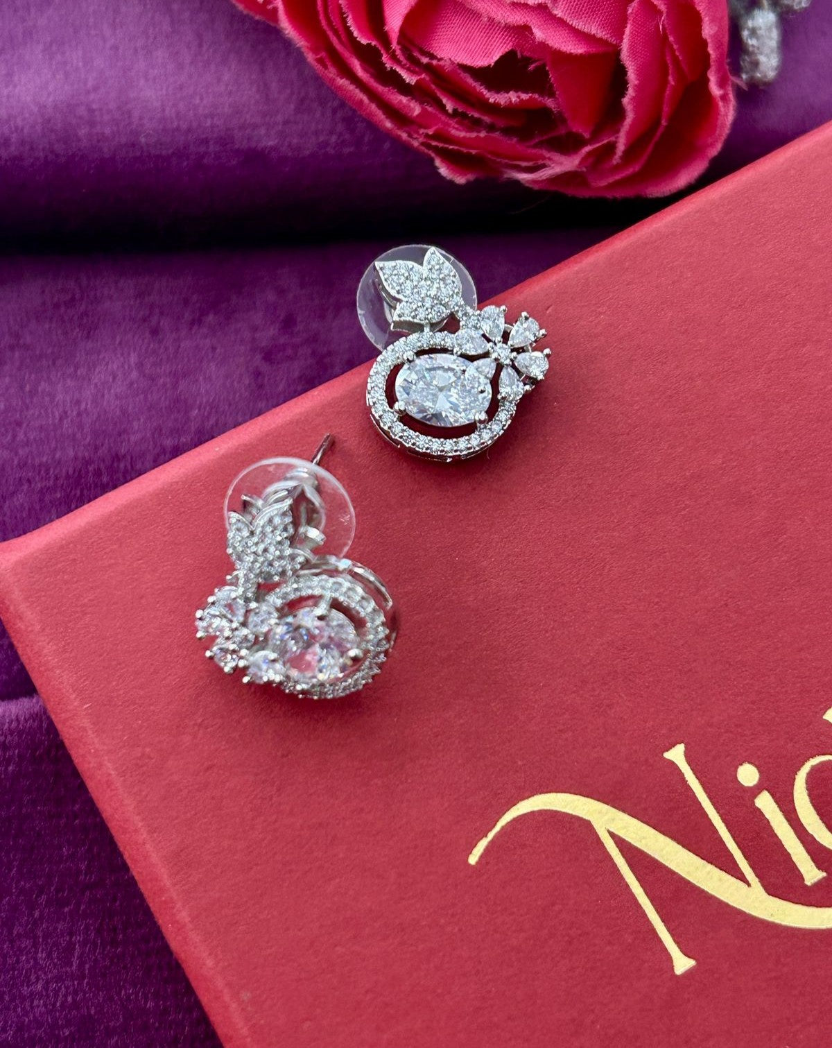 Butterfly Floral CZ Designer Stud Earrings – Silver Finish | 10 Colour Variants