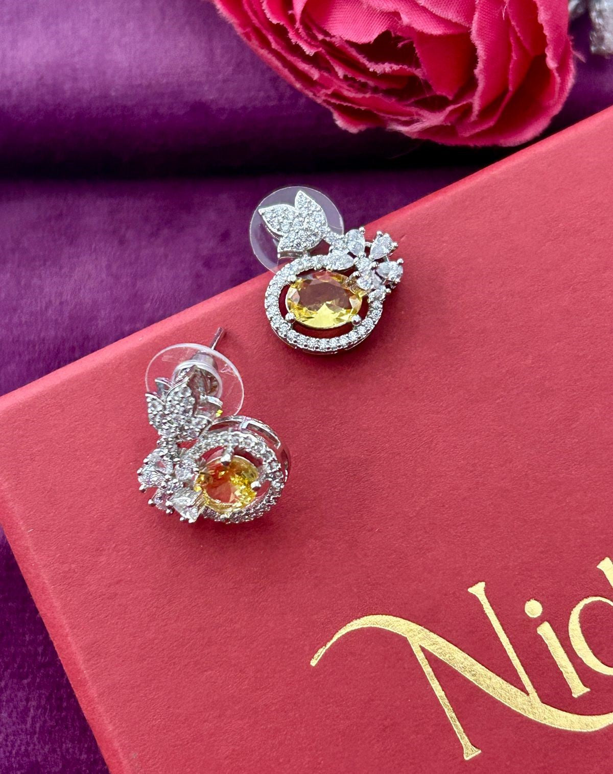 Butterfly Floral CZ Designer Stud Earrings – Silver Finish | 10 Colour Variants