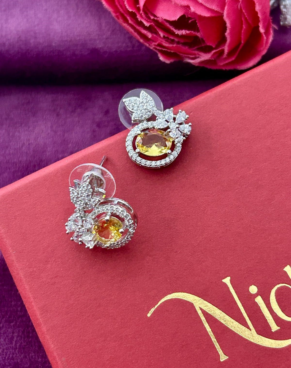 Butterfly Floral CZ Designer Stud Earrings – Silver Finish | 10 Colour Variants