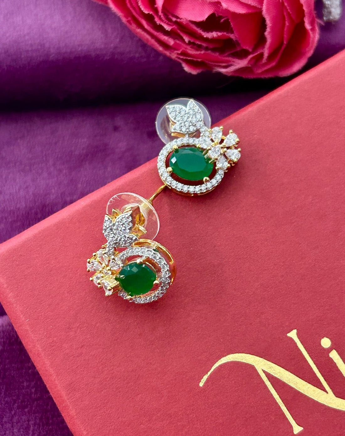 Butterfly Floral CZ Designer Stud Earrings – Gold Finish | White, Green, Blue & Ruby