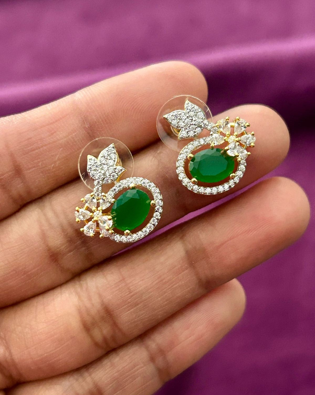 Butterfly Floral CZ Designer Stud Earrings – Gold Finish | White, Green, Blue & Ruby