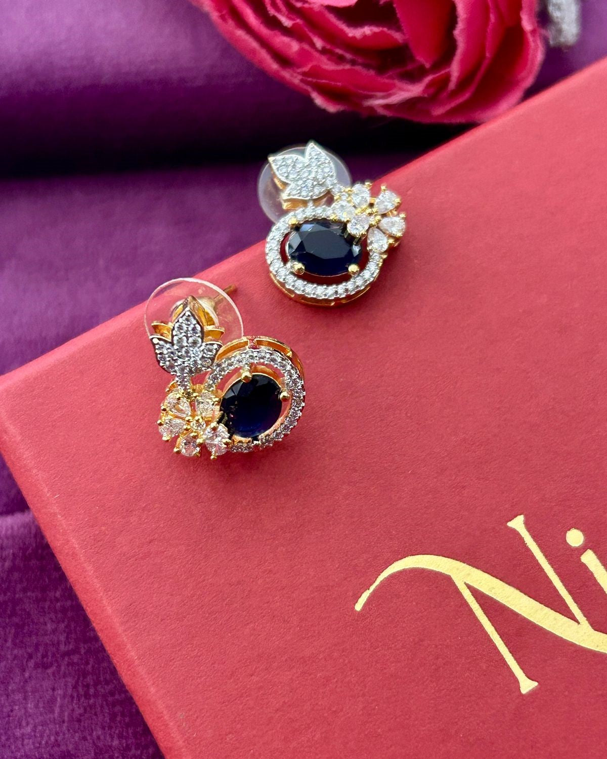 Butterfly Floral CZ Designer Stud Earrings – Gold Finish | White, Green, Blue & Ruby