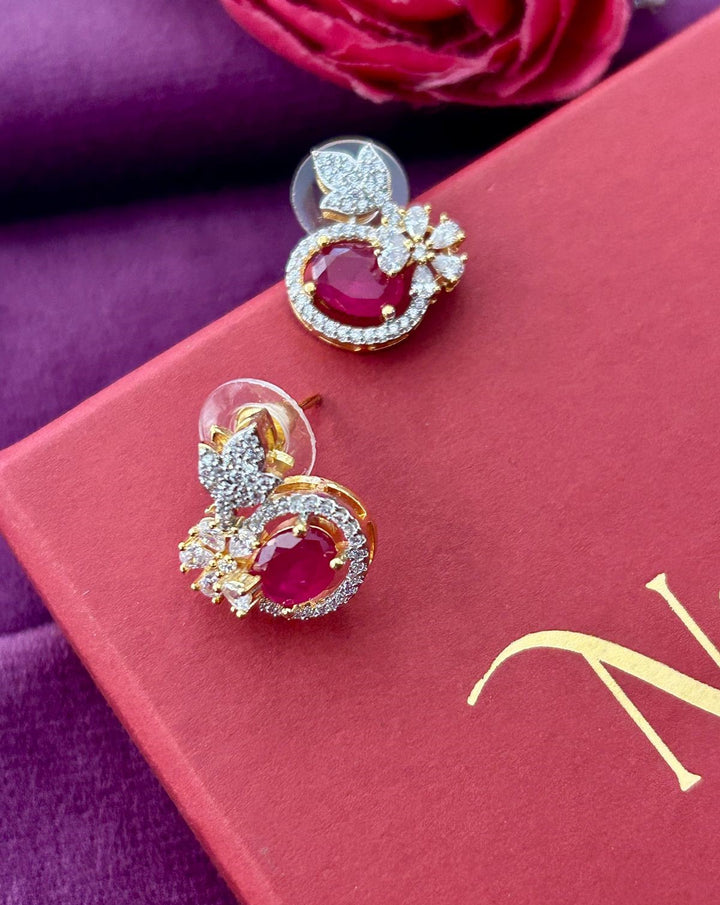 Butterfly Floral CZ Designer Stud Earrings – Gold Finish | White, Green, Blue & Ruby
