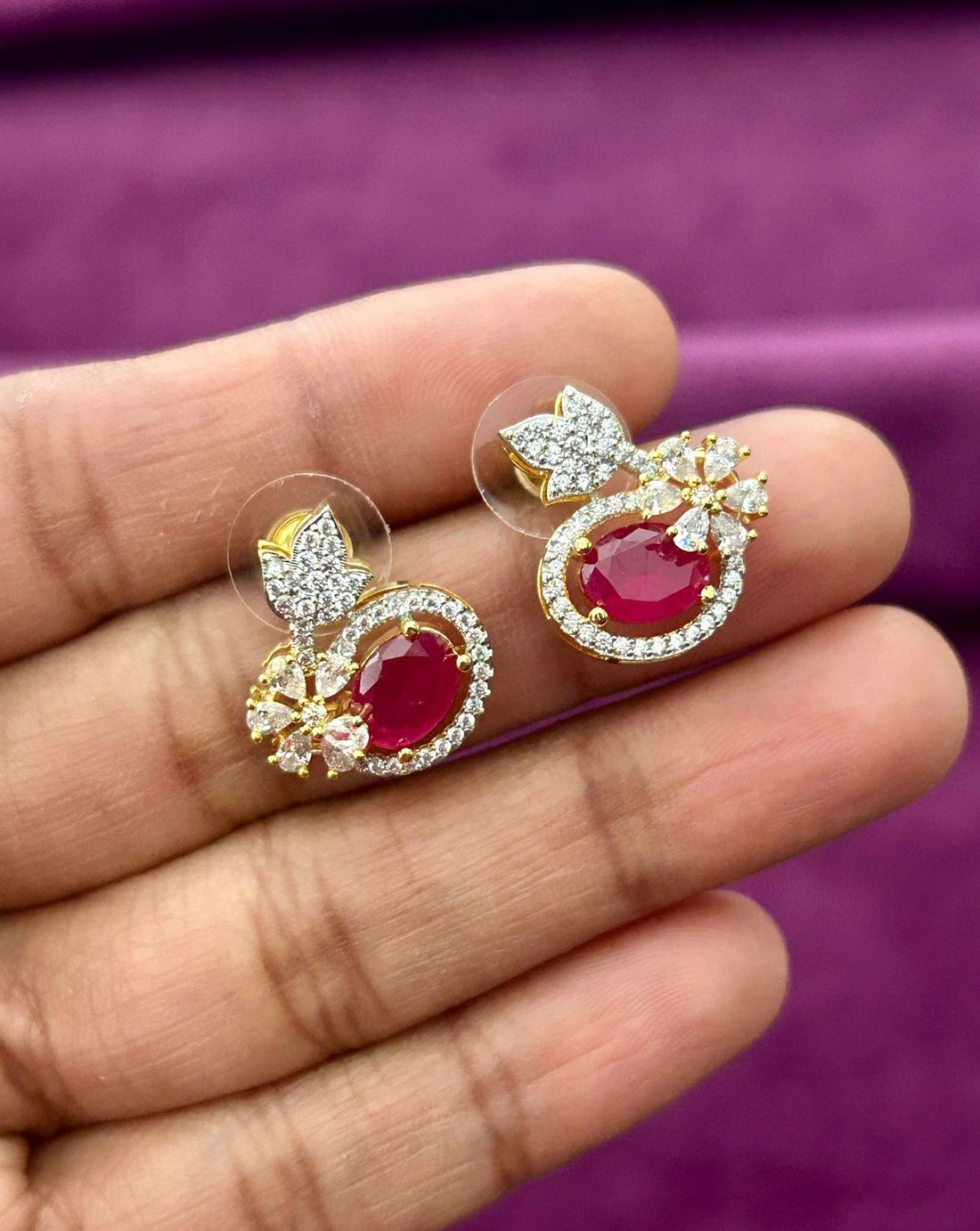 Butterfly Floral CZ Designer Stud Earrings – Gold Finish | White, Green, Blue & Ruby