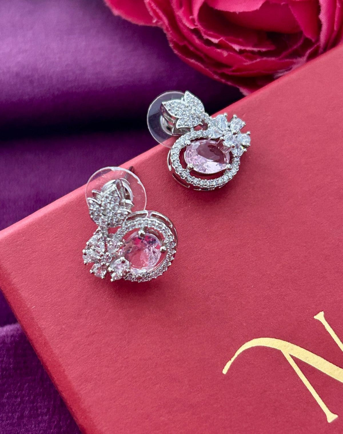 Butterfly Floral CZ Designer Stud Earrings – Silver Finish | 10 Colour Variants