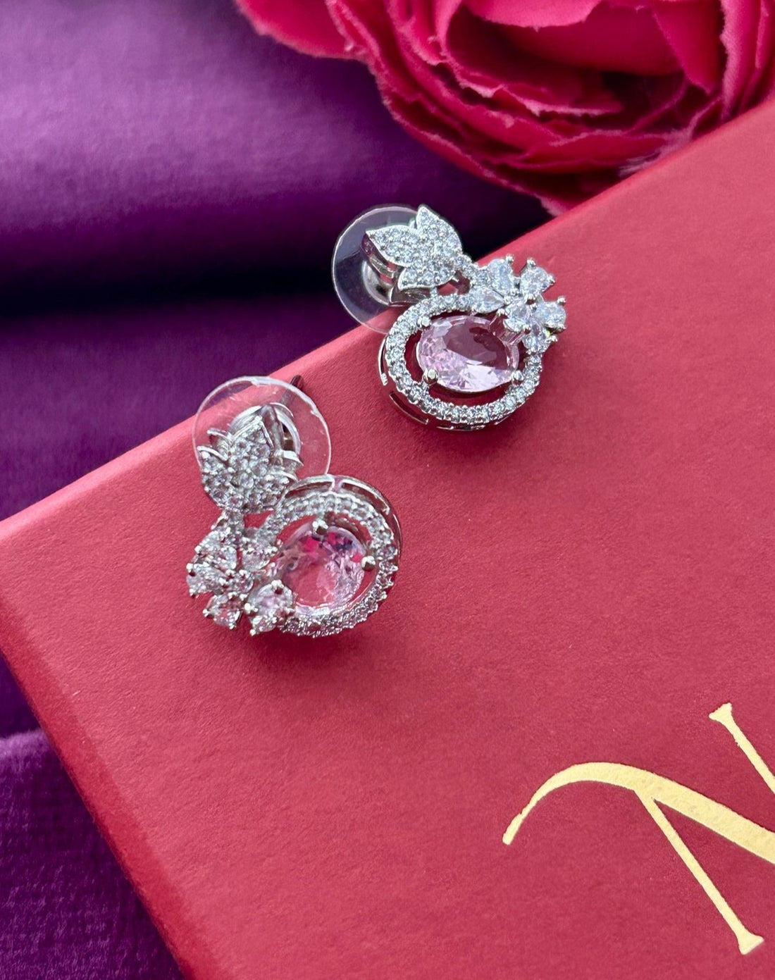Butterfly Floral CZ Designer Stud Earrings – Silver Finish | 10 Colour Variants