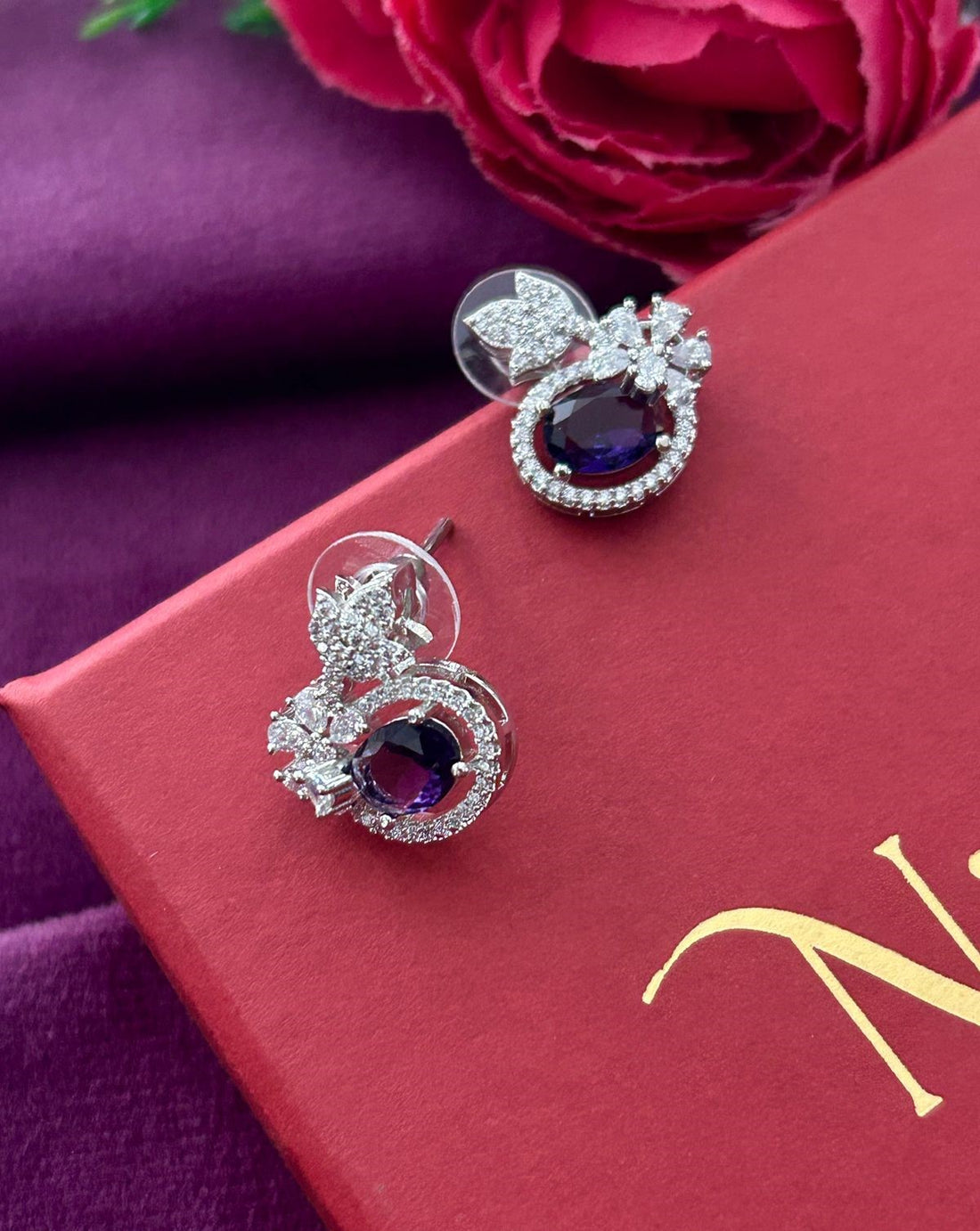 Butterfly Floral CZ Designer Stud Earrings – Silver Finish | 10 Colour Variants