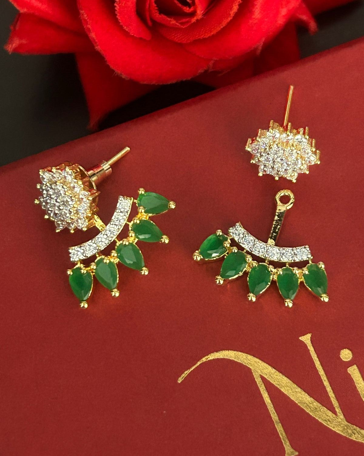 2-Way Convertible Floral CZ Earrings – 2 Colour Green & Ruby Variants