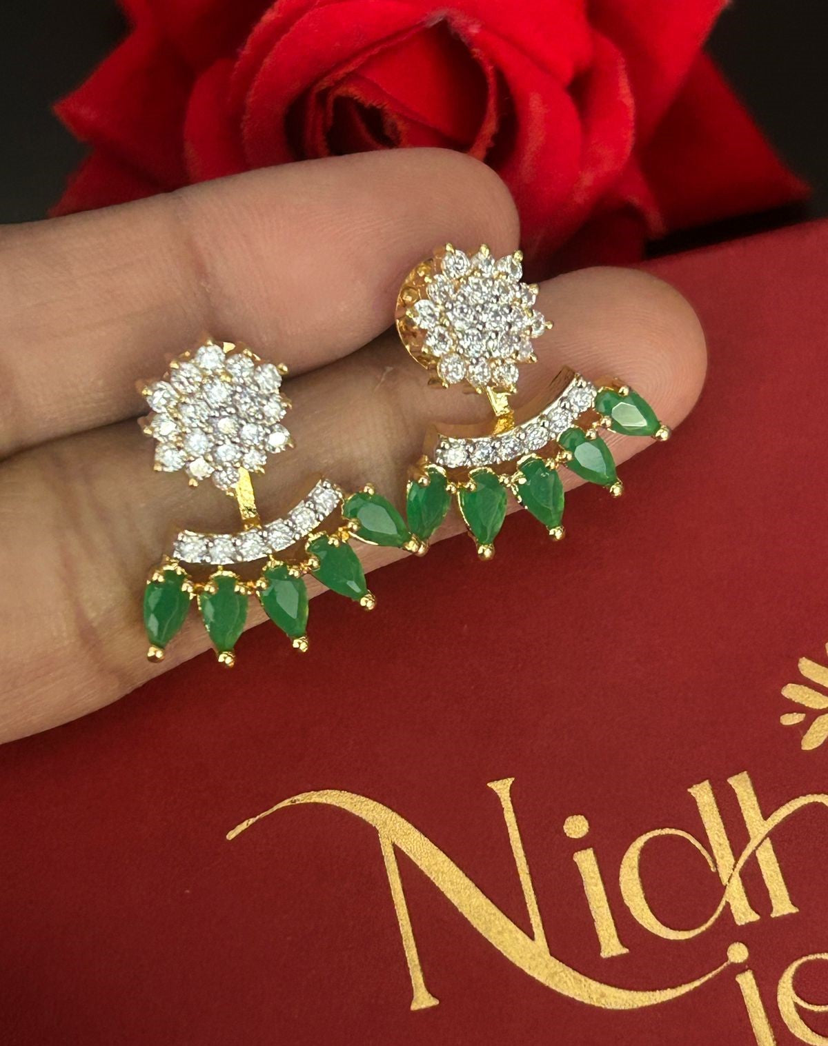 2-Way Convertible Floral CZ Earrings – 2 Colour Green & Ruby Variants
