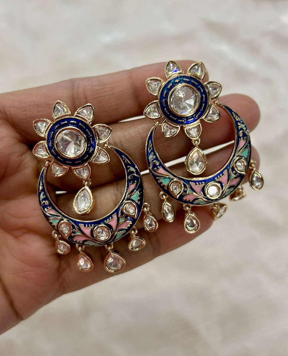 Premium Kundan Meenakari Chandbali Earrings Green Red Blue Gold Finish