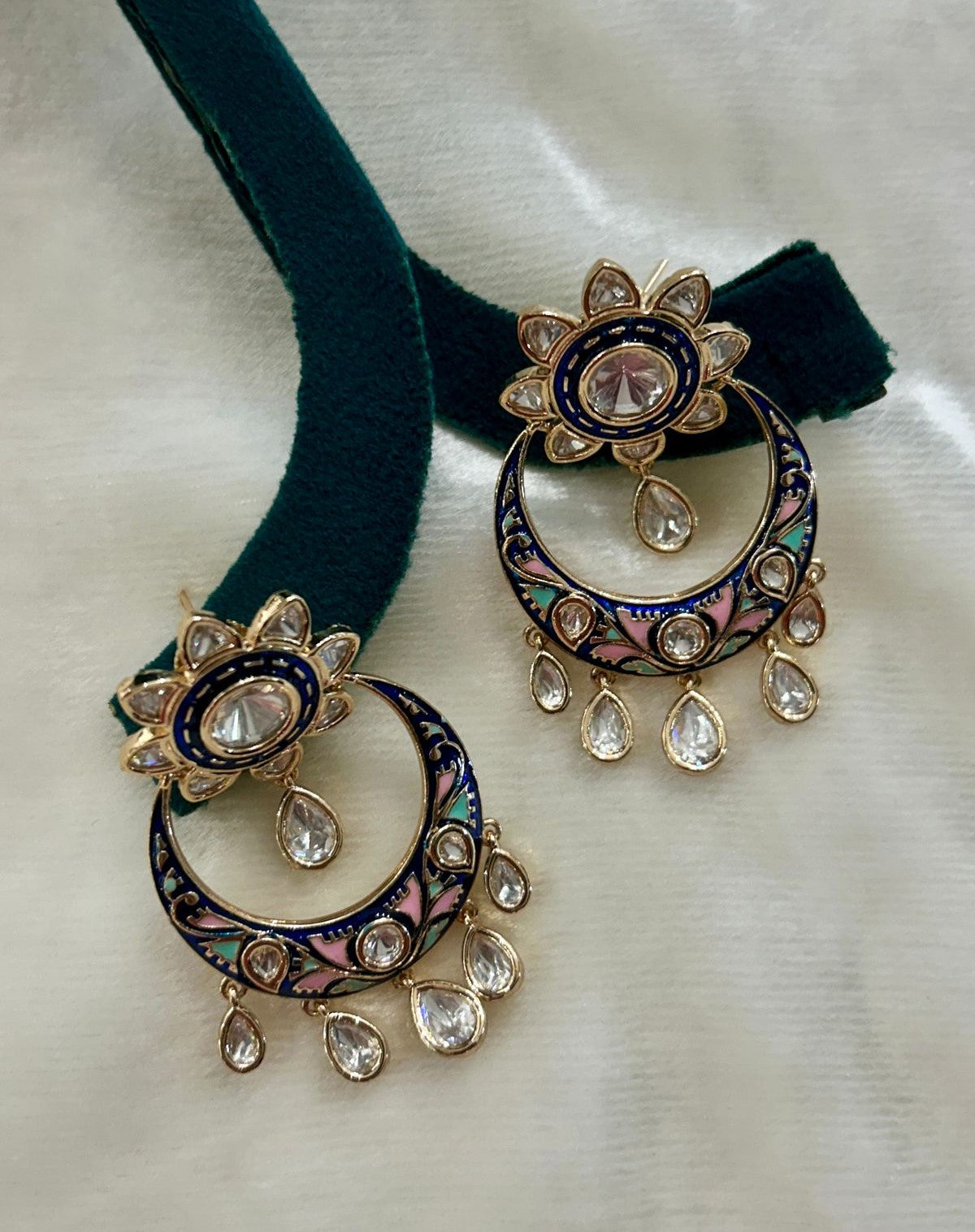 Premium Kundan Meenakari Chandbali Earrings Green Red Blue Gold Finish
