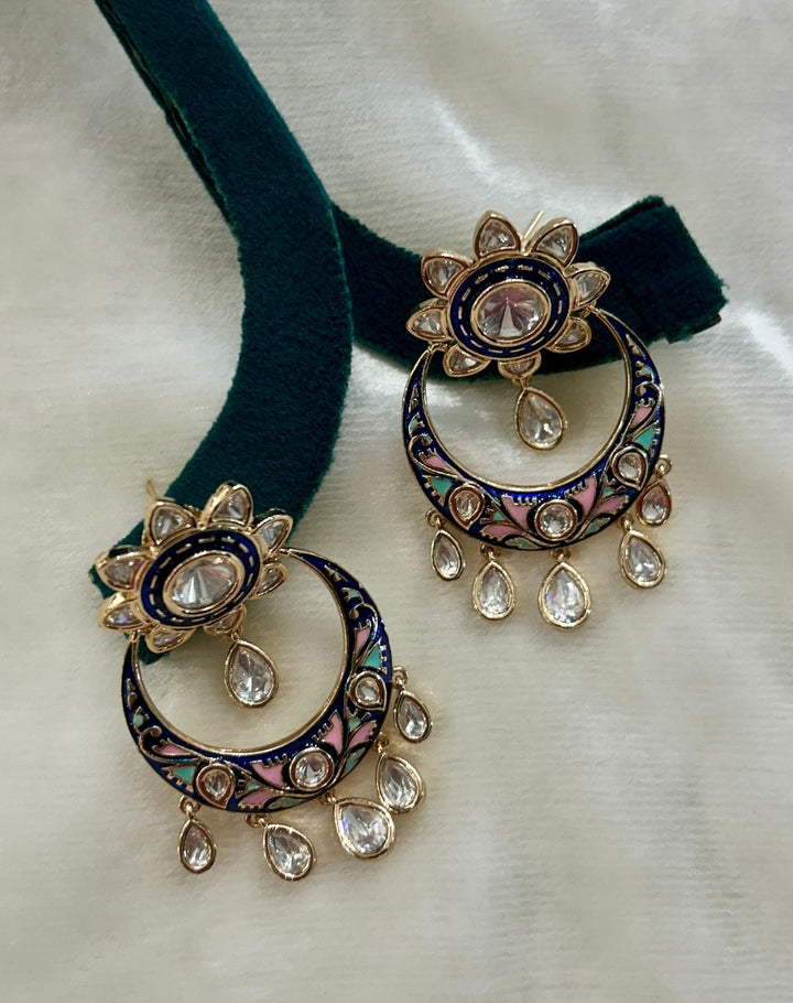 Premium Kundan Meenakari Chandbali Earrings Green Red Blue Gold Finish