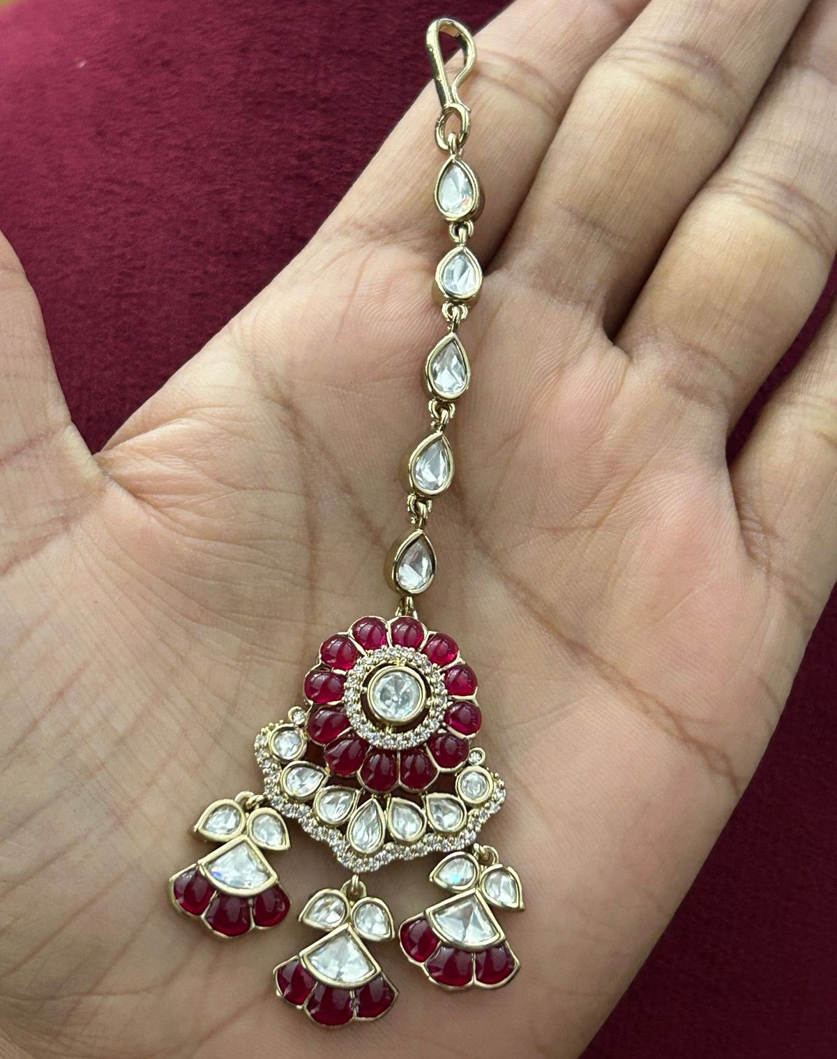 Royal Kundan Choker Necklace Set with Green & Maroon Detailing and Maang Tikka Mehandi Finish Bridal Set