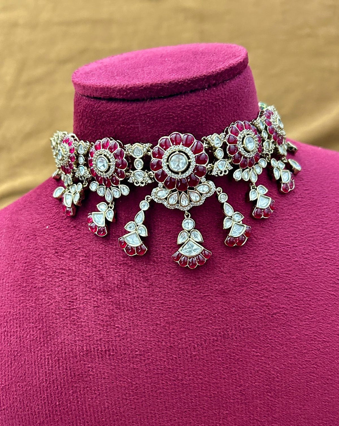 Royal Kundan Choker Necklace Set with Green & Maroon Detailing and Maang Tikka Mehandi Finish Bridal Set
