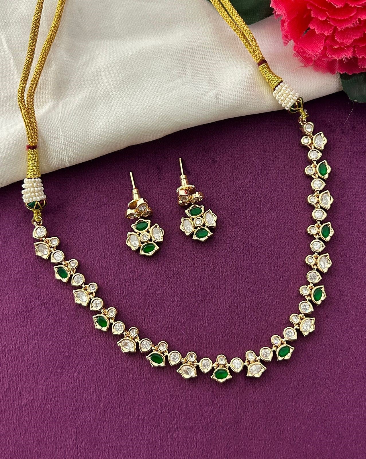 Available Colour White Green Maroon Elegant Kundan Short Necklace Set Detailing Real Gold Tone with Earrings