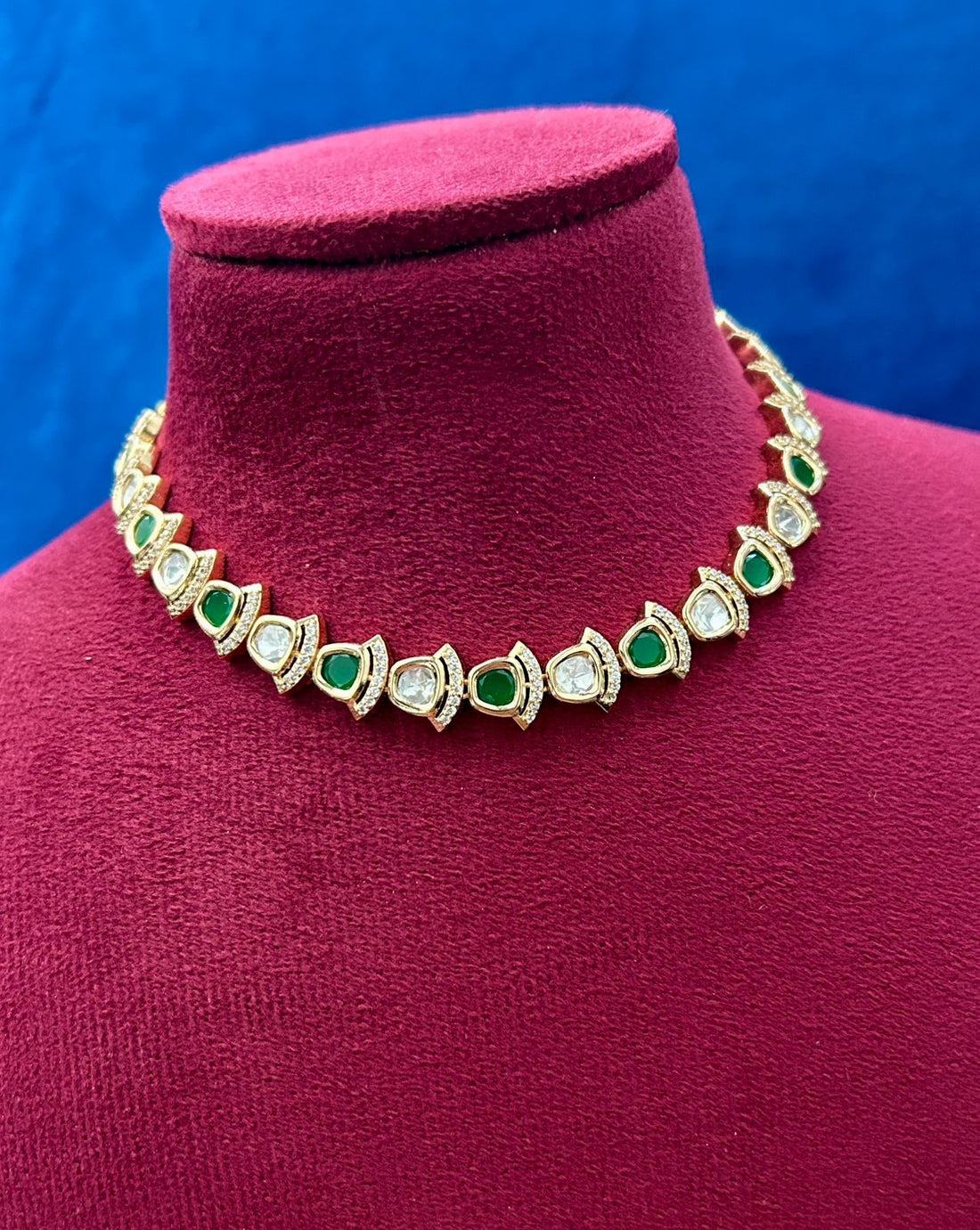 Elegant Kundan Short Necklace Set White Green Pink Detailing Real Gold Tone with Earrings