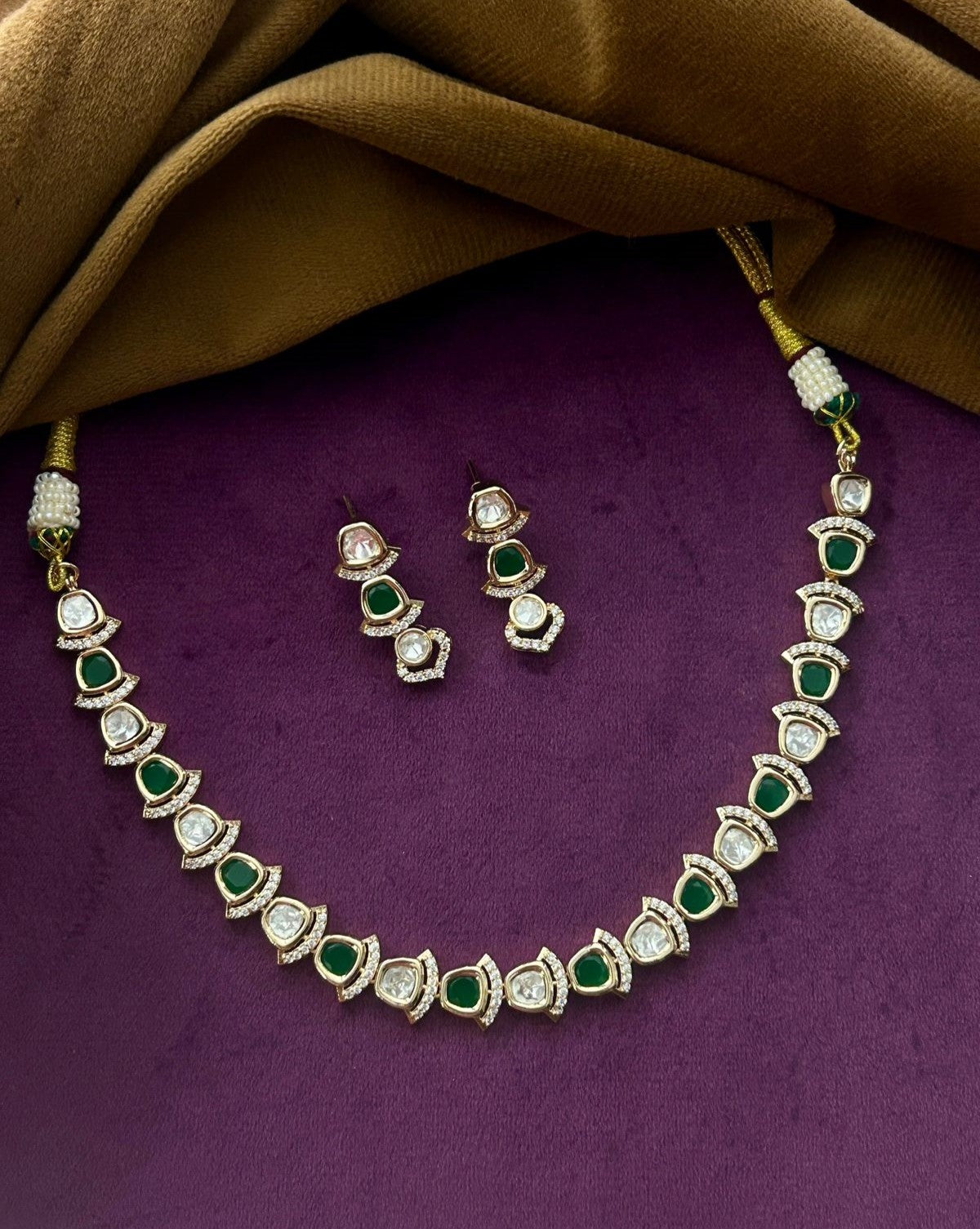 Elegant Kundan Short Necklace Set White Green Pink Detailing Real Gold Tone with Earrings