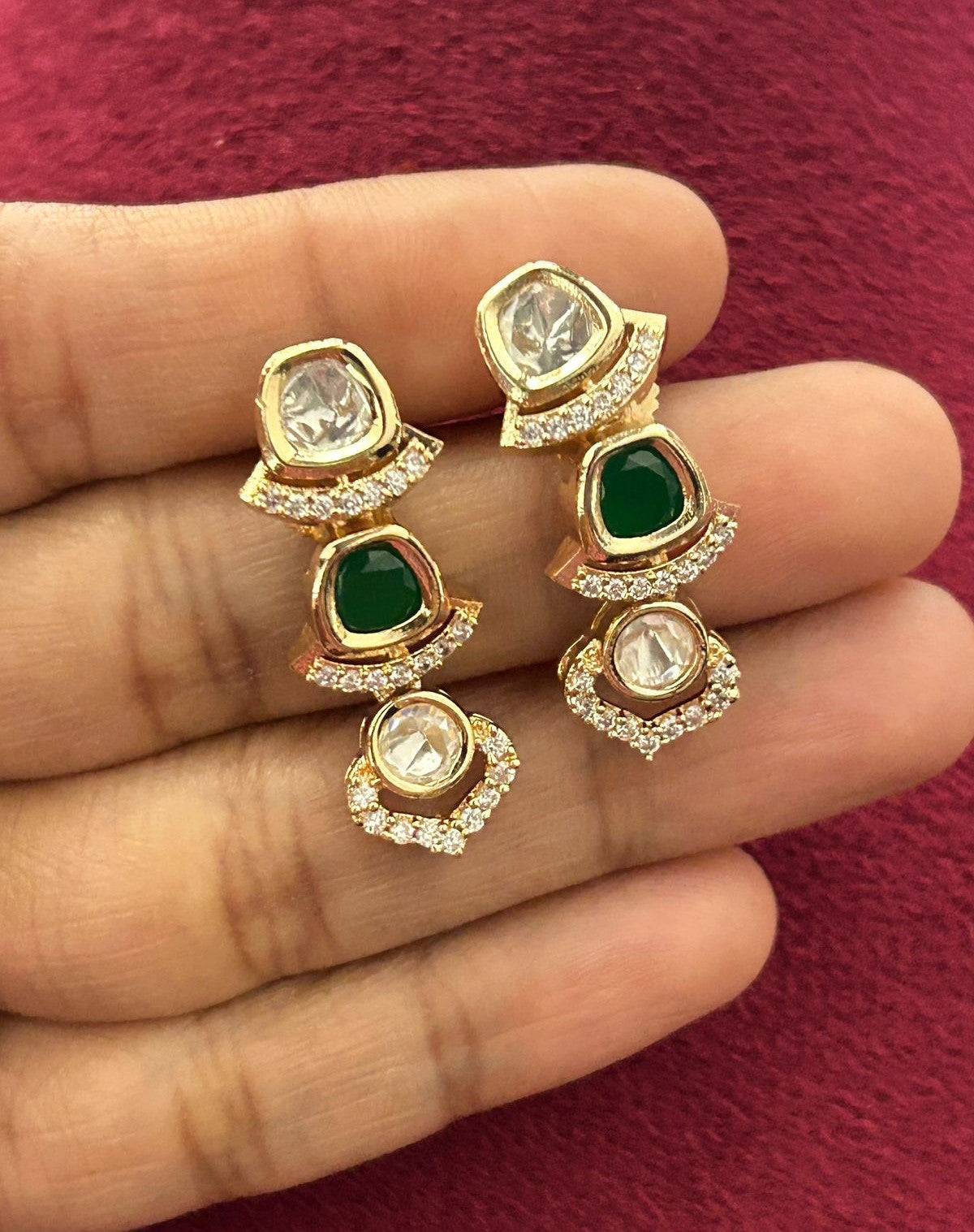 Elegant Kundan Short Necklace Set White Green Pink Detailing Real Gold Tone with Earrings