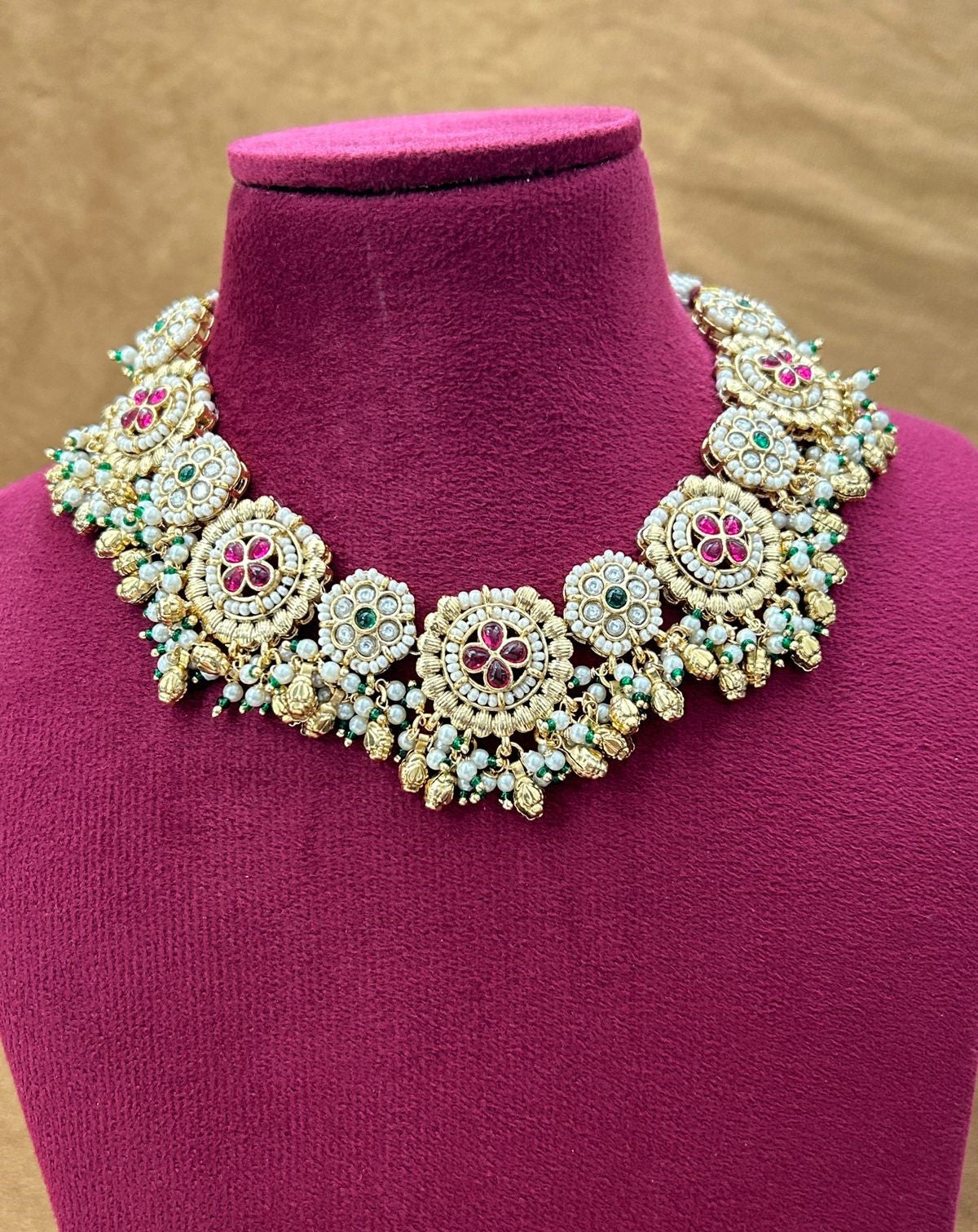 Premium Antique Finish Gold Plated Floral Heritage Necklace Set with Dual Color Variations