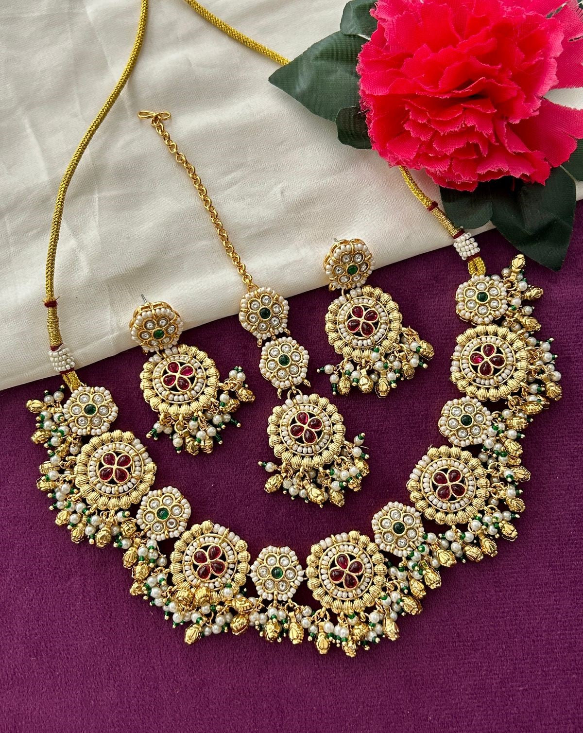 Premium Antique Finish Gold Plated Floral Heritage Necklace Set with Dual Color Variations