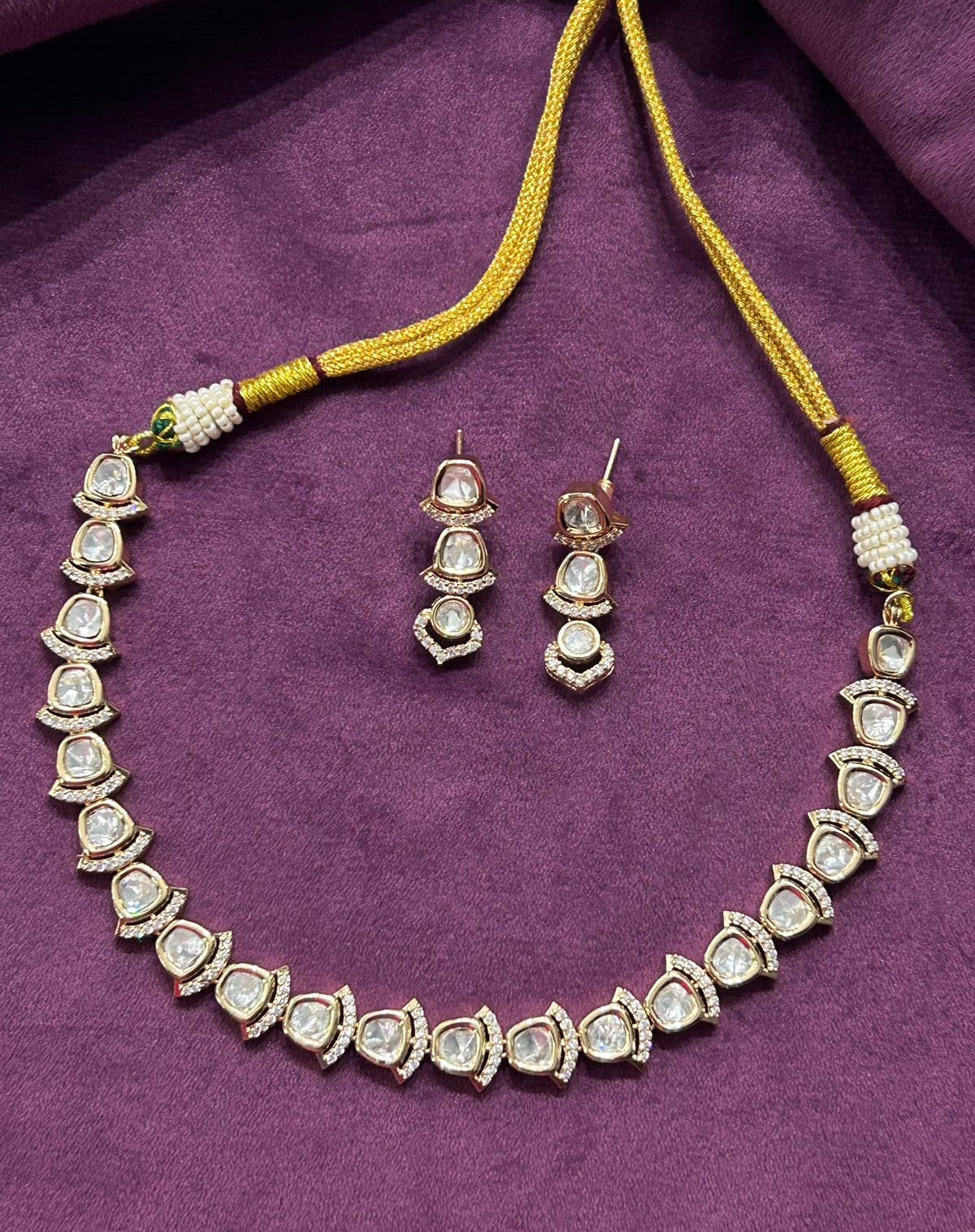 Elegant Kundan Short Necklace Set White Green Pink Detailing Real Gold Tone with Earrings