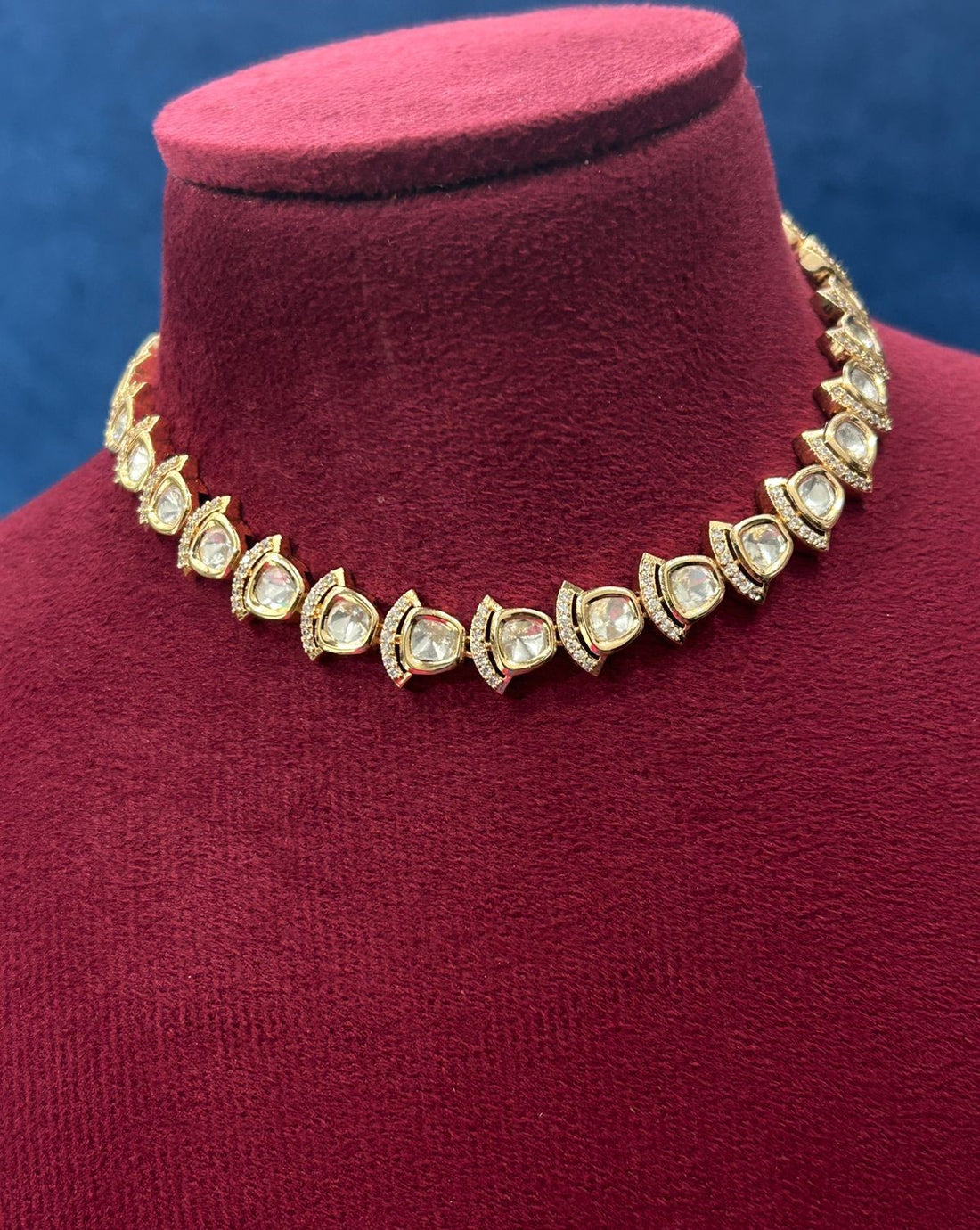 Elegant Kundan Short Necklace Set White Green Pink Detailing Real Gold Tone with Earrings